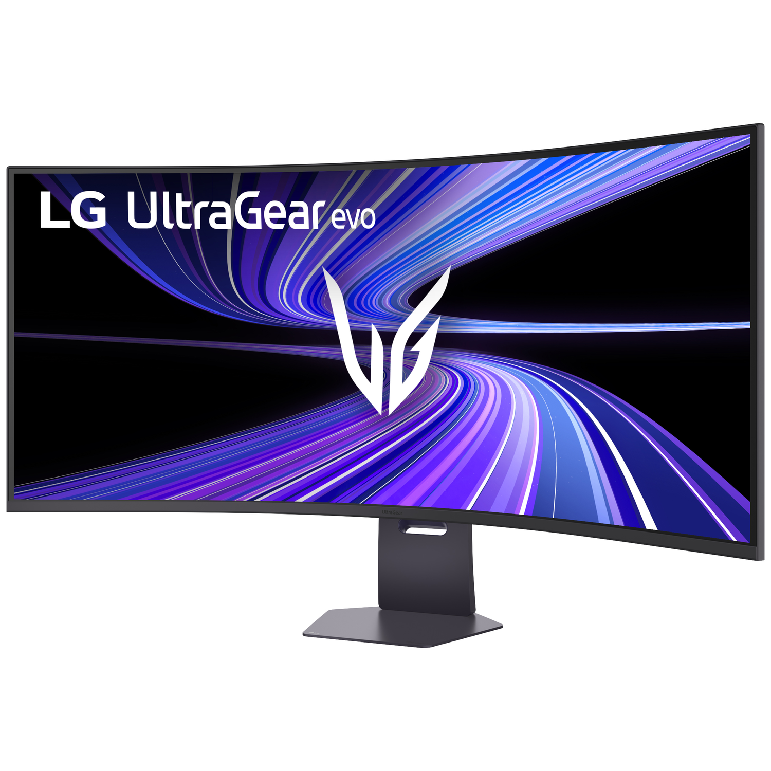A curved LG UltraGear monitor displays a purple and blue striped pattern on screen.