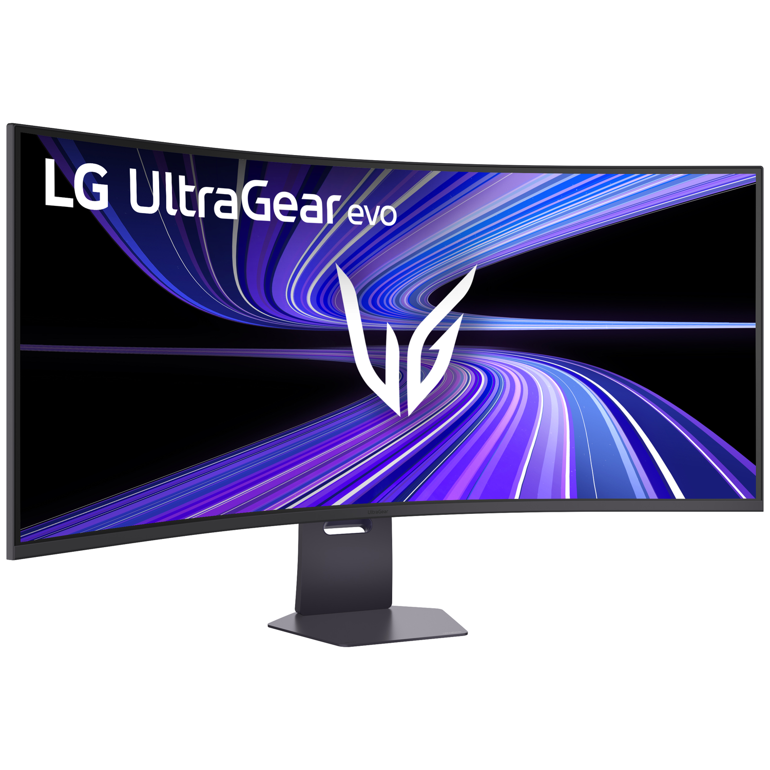 Curved LG UltraGear monitor with purple and blue abstract lines on screen.
