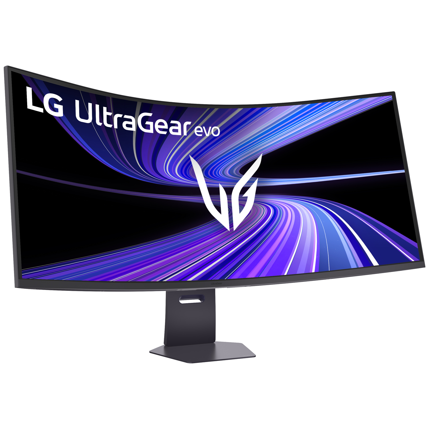 A curved LG UltraGear monitor displaying an abstract purple and blue pattern on screen.