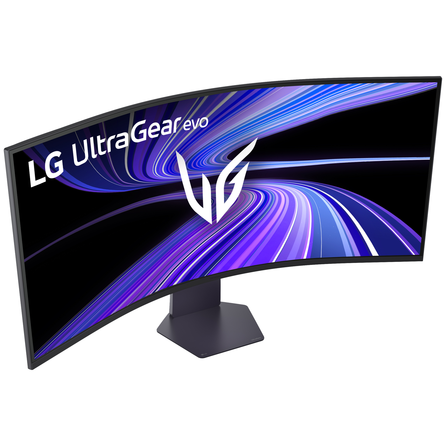 A curved LG UltraGear gaming monitor with a purple and blue abstract background.