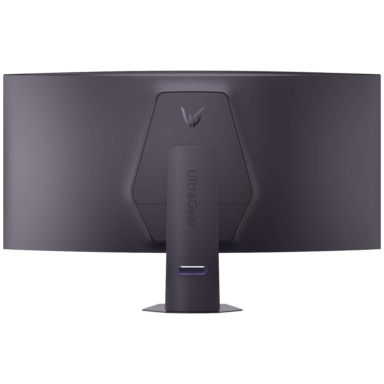 Back view of a dark, curved monitor with a stand and the LG UltraGear logo.