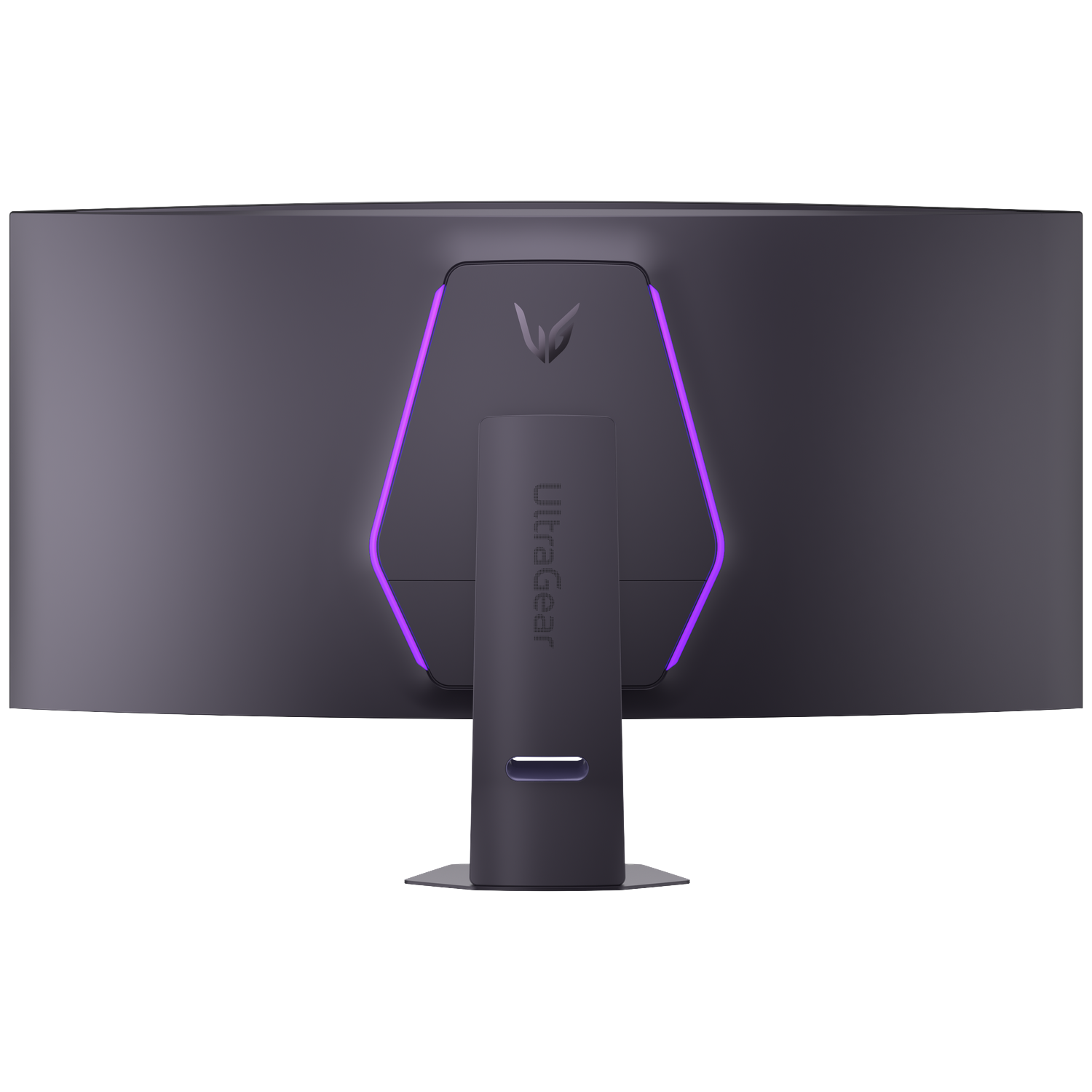 Back of a curved monitor with purple accent lighting and logo.