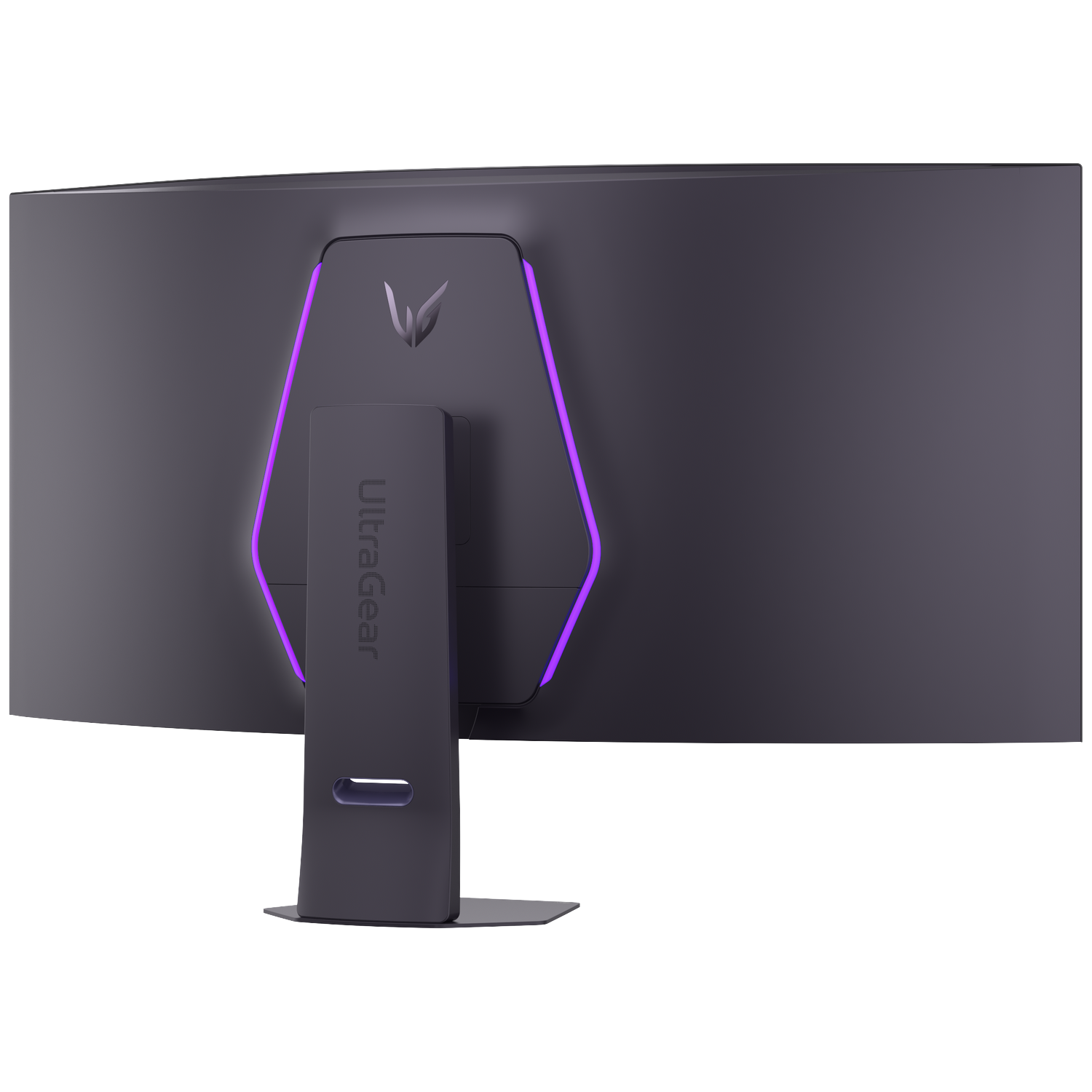 Back of a curved monitor with purple accent lighting and stand.