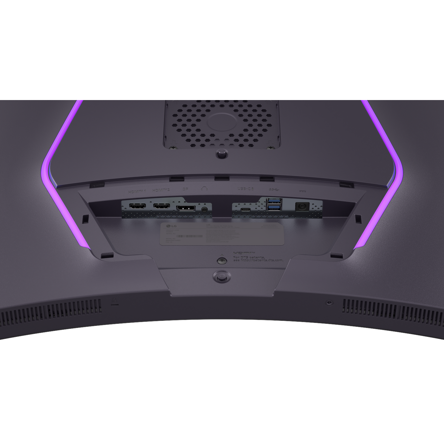 Monitor back with ports: HDMI, DP, USB-C, vents, and purple lighting.