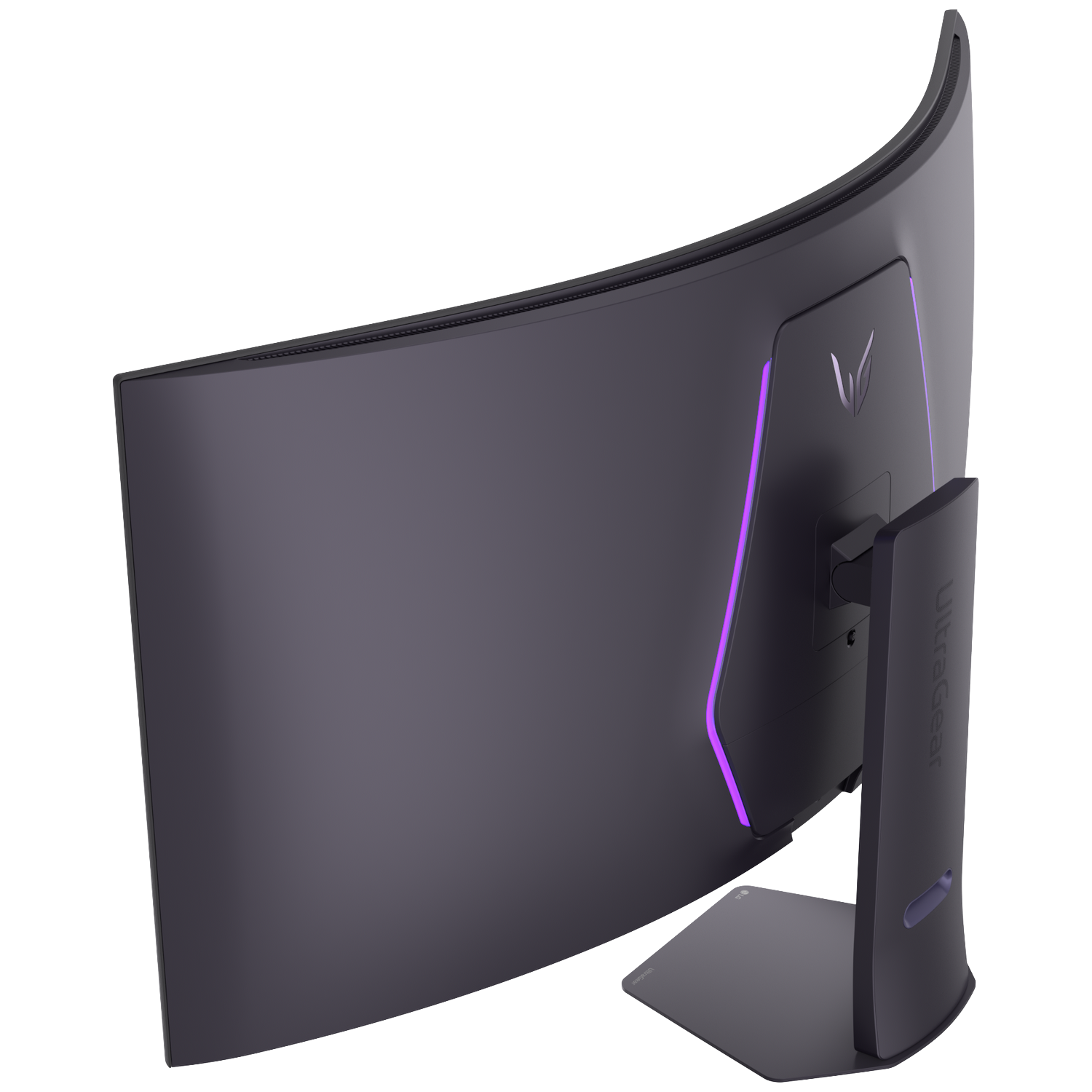Back of a curved LG UltraGear monitor with purple accent lighting.