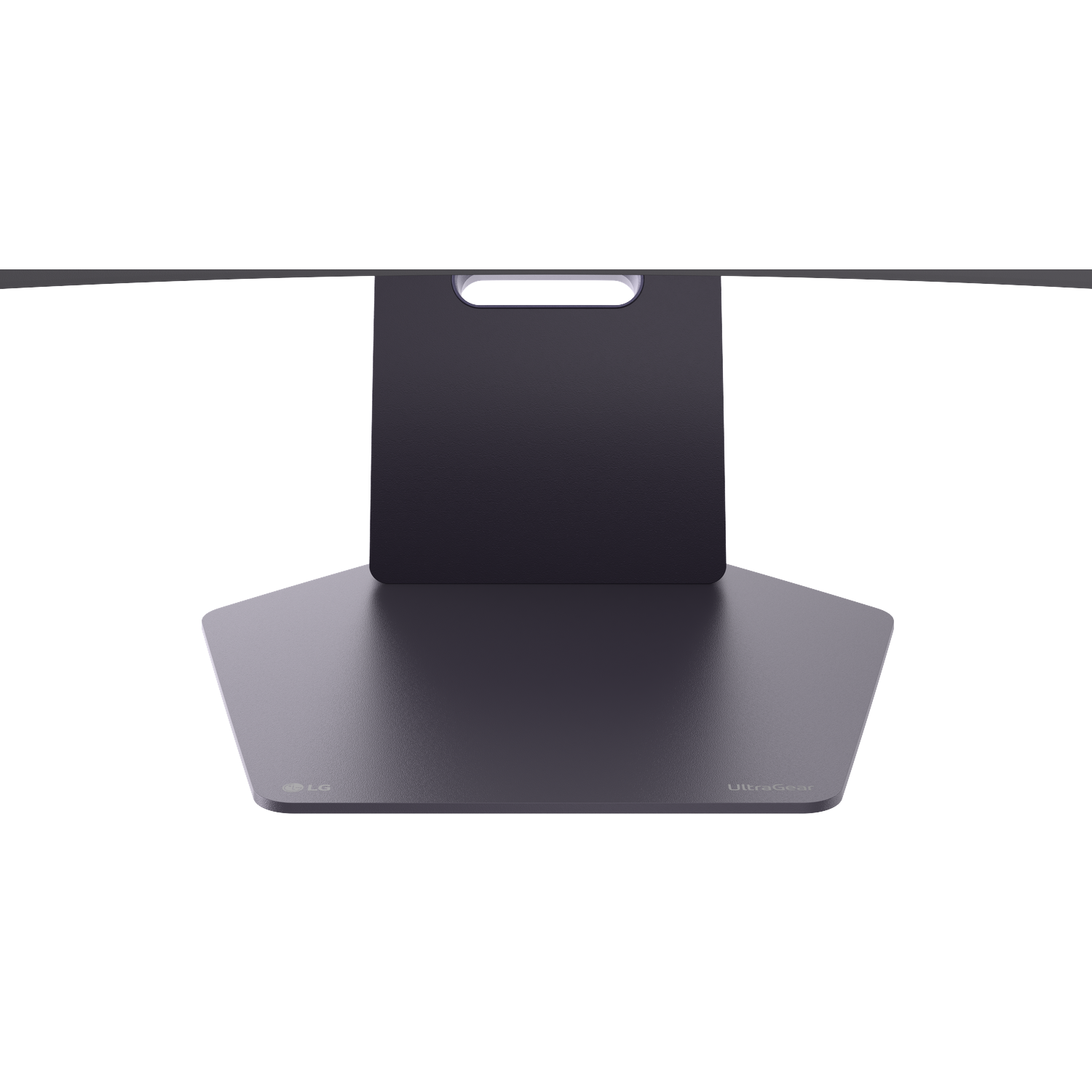A dark monitor stand with LG and UltraGear logos.