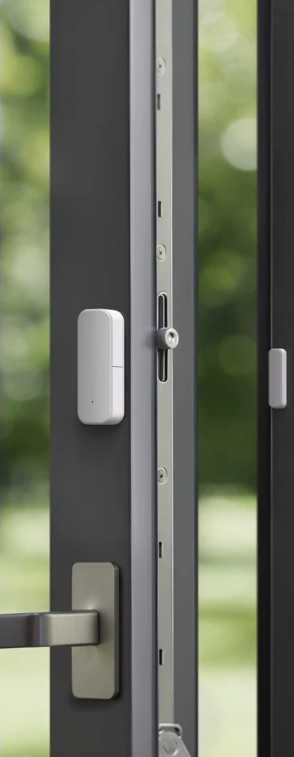 Ein weißer Sensor ist an einer dunklen Tür neben einem silbernen Griff und einem Schloss montiert.