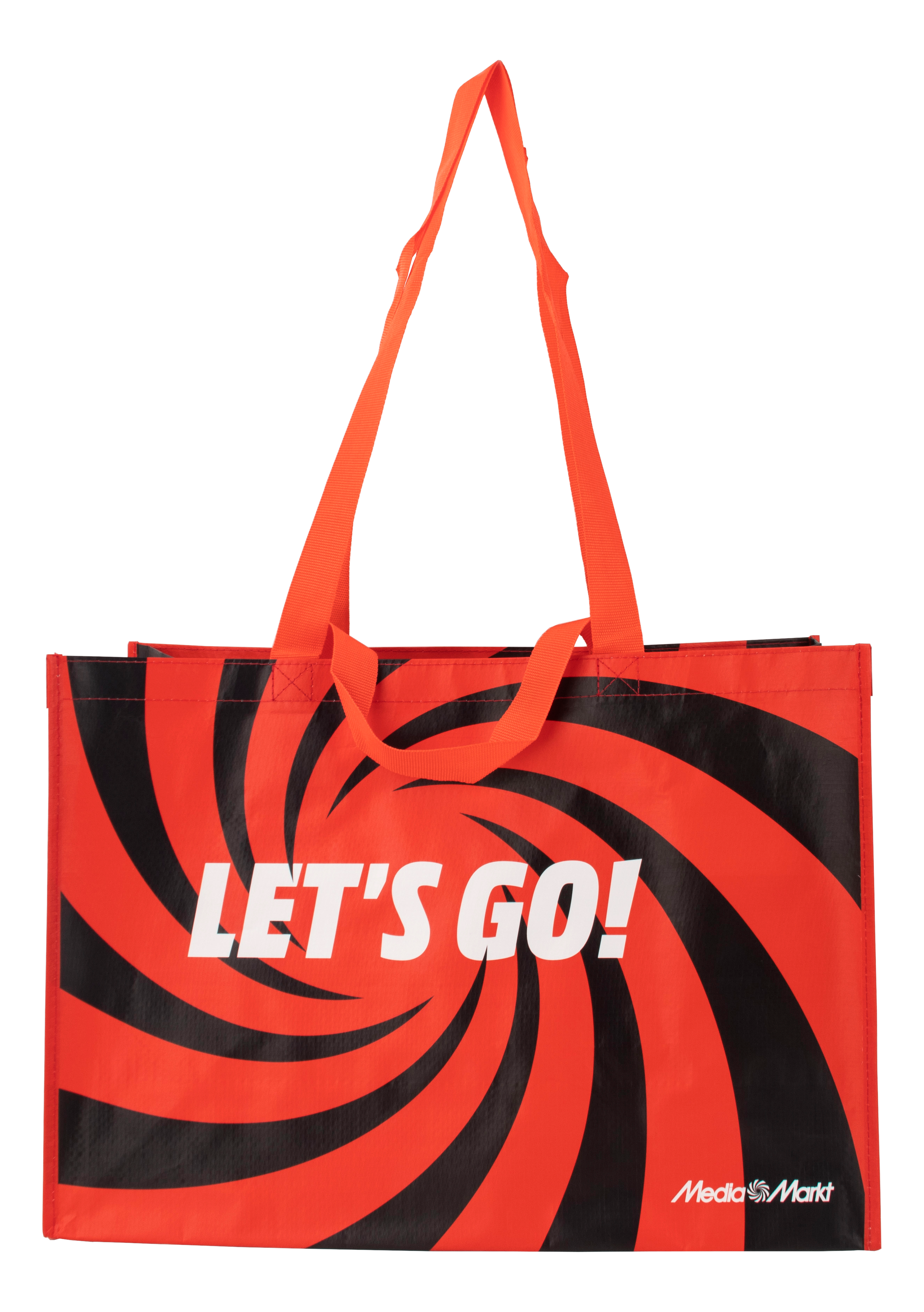 Rote und schwarze Einkaufstasche mit "LET'S GO!"-Aufdruck und dem Media Markt Logo.