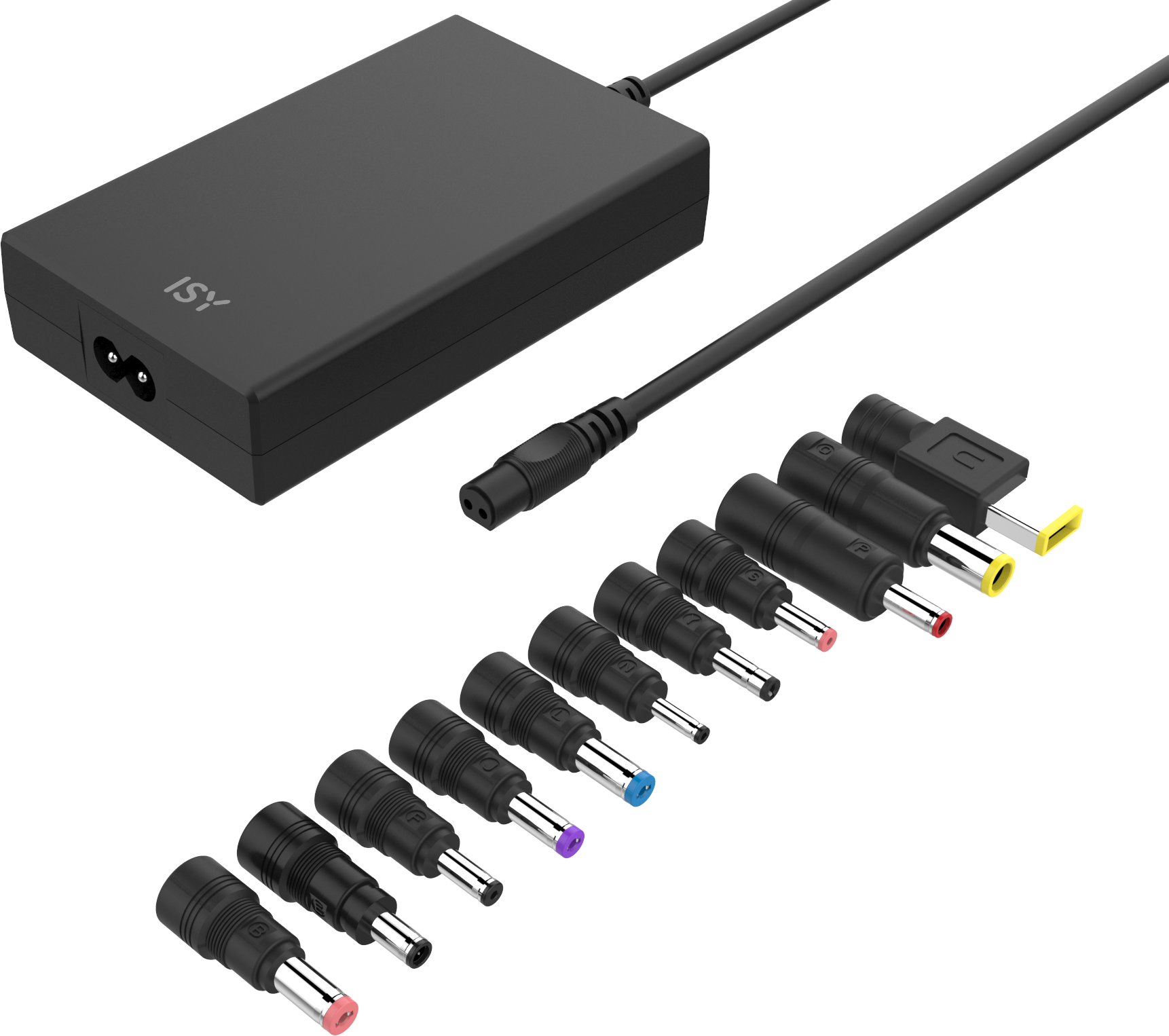 Schwarzes Netzteil mit vielen verschiedenen Steckern und einem USB-C-Adapter.