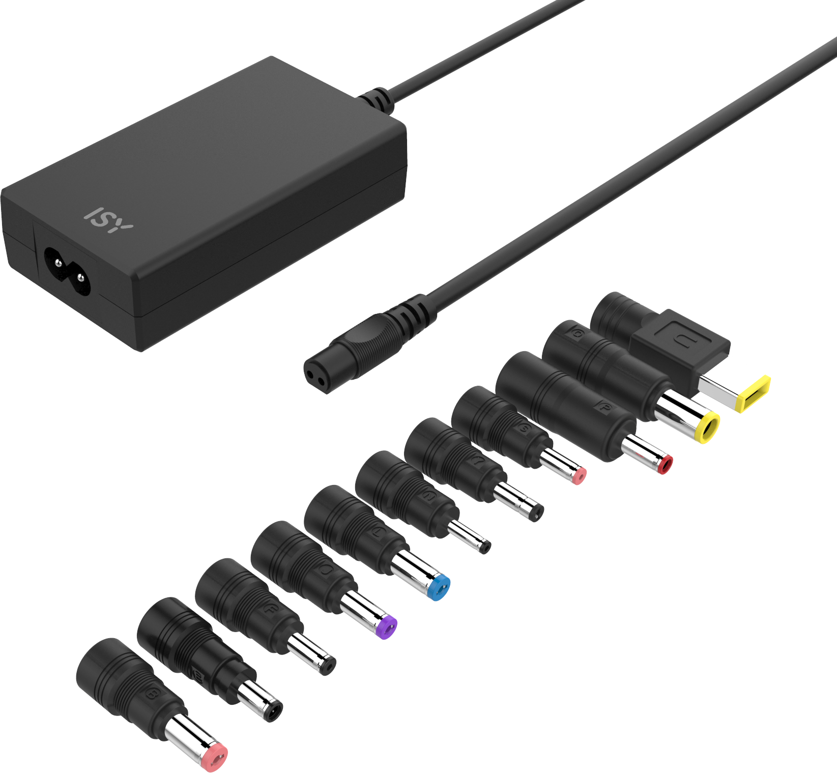 Schwarzer ISY Netzadapter mit mehreren Anschlussspitzen in verschiedenen Farben.