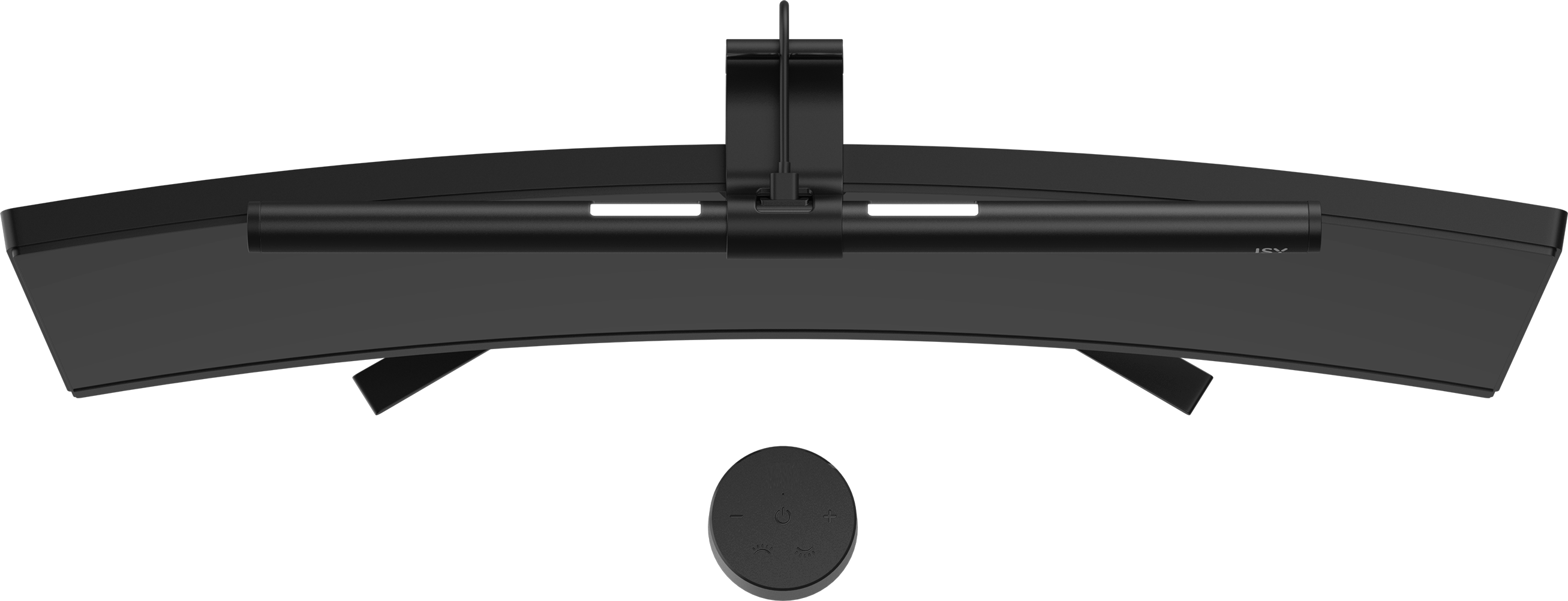 Un moniteur incurvé noir avec une barre lumineuse attachée et une commande ronde.
