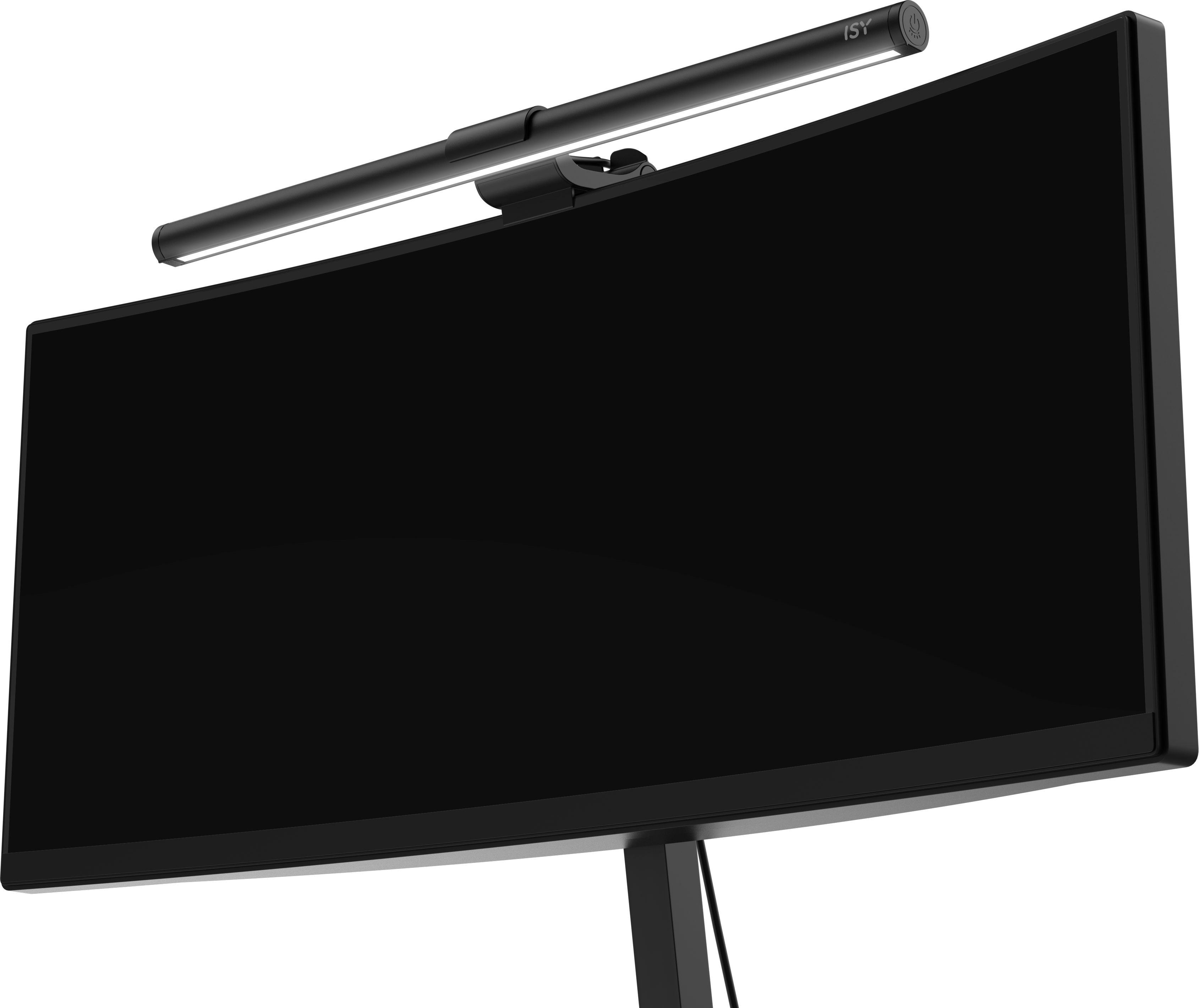 Une lampe noire et fine éclaire un écran d'ordinateur noir d'une lumière blanche.
