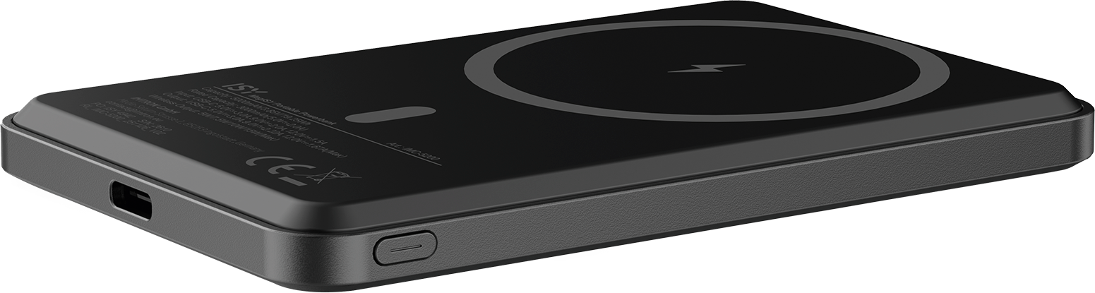 Power bank rettangolare nera con indicatore di carica e porta USB-C.