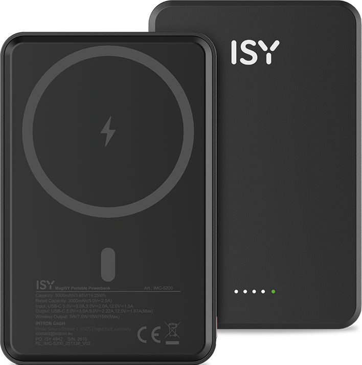 Due power bank ISY nere una accanto all'altra, una con indicatore.