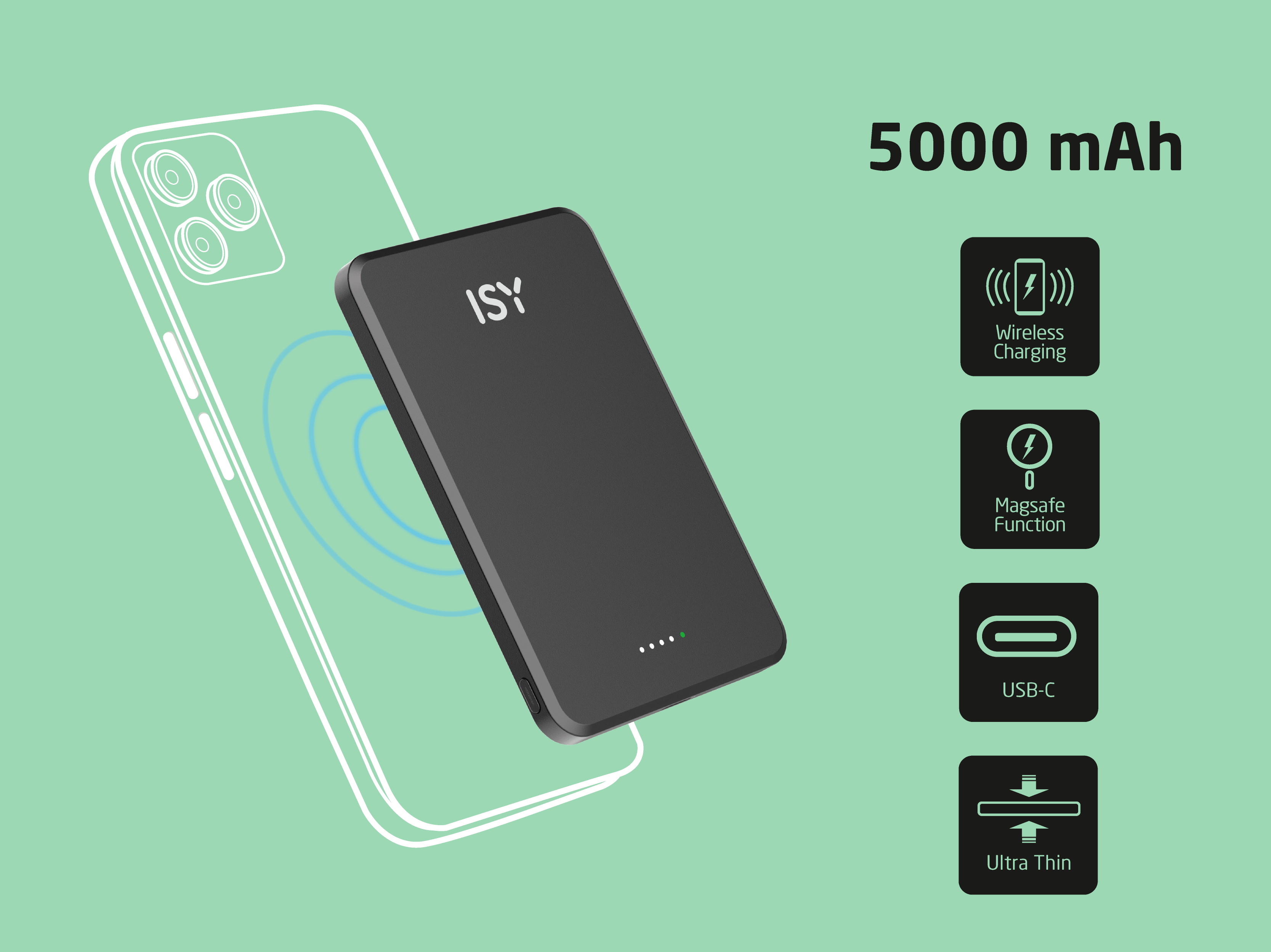 Power bank ISY nera carica telefono wireless. 5000 mAh.
