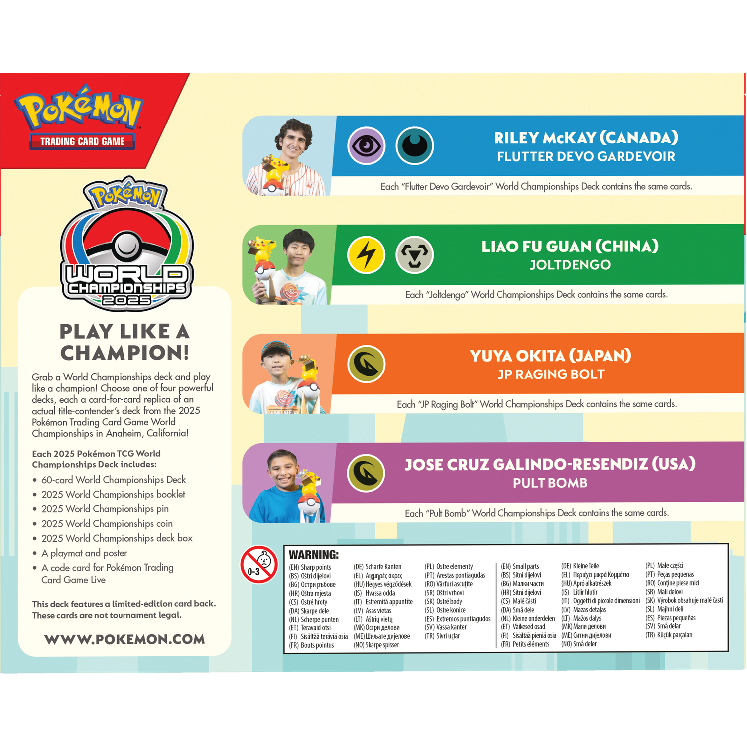 Riley McKay, Liao Fu Guan, Yuya Okita, Jose Cruz hold Pokemon cards.