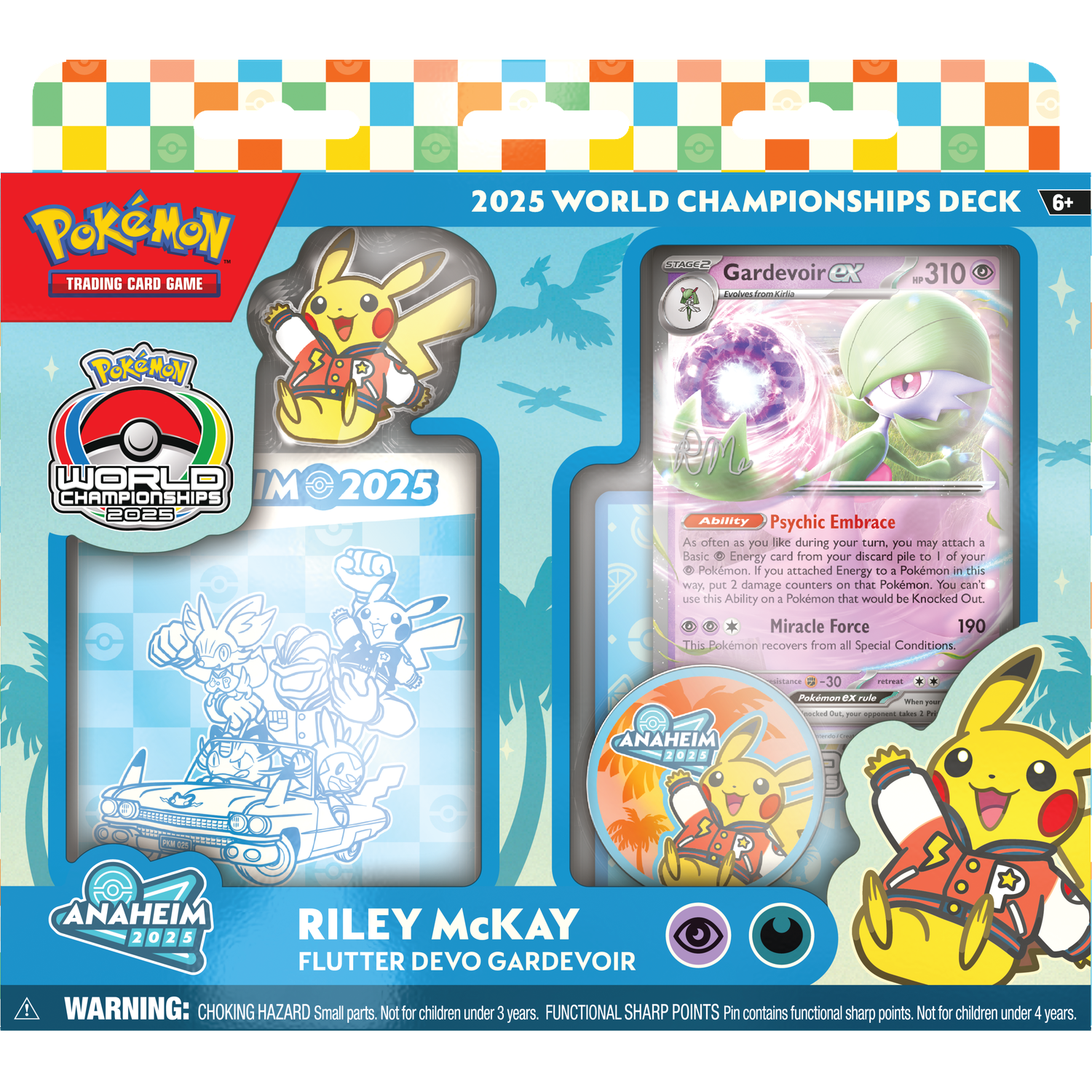Pokémon 2025 World Championships Deck featuring Pikachu pin and Gardevoir EX card.