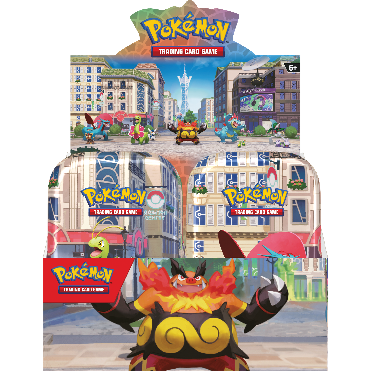 Pokémon Trading Card Game doos met monsters en gebouwen.
