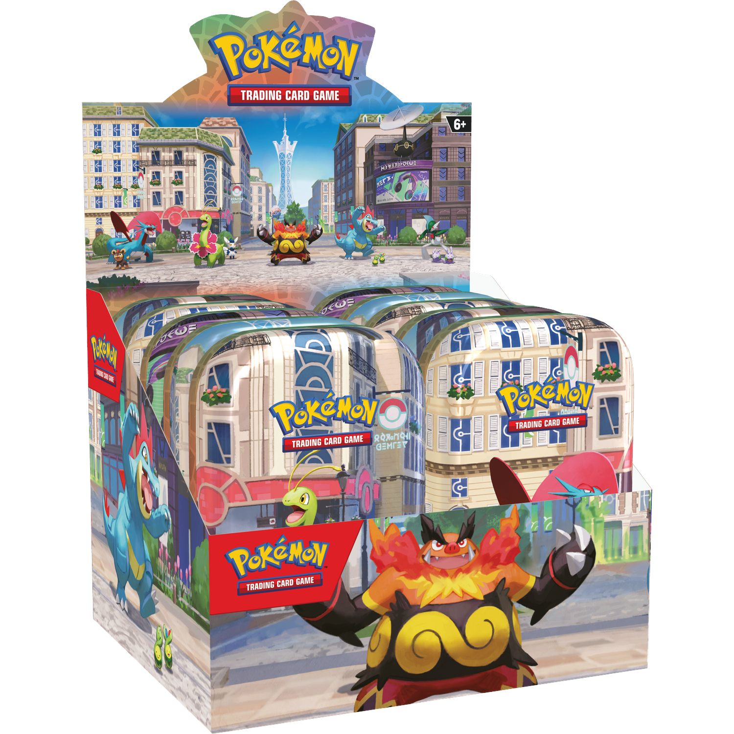 Pokémon Trading Card Game display met monsters in een stadse omgeving.