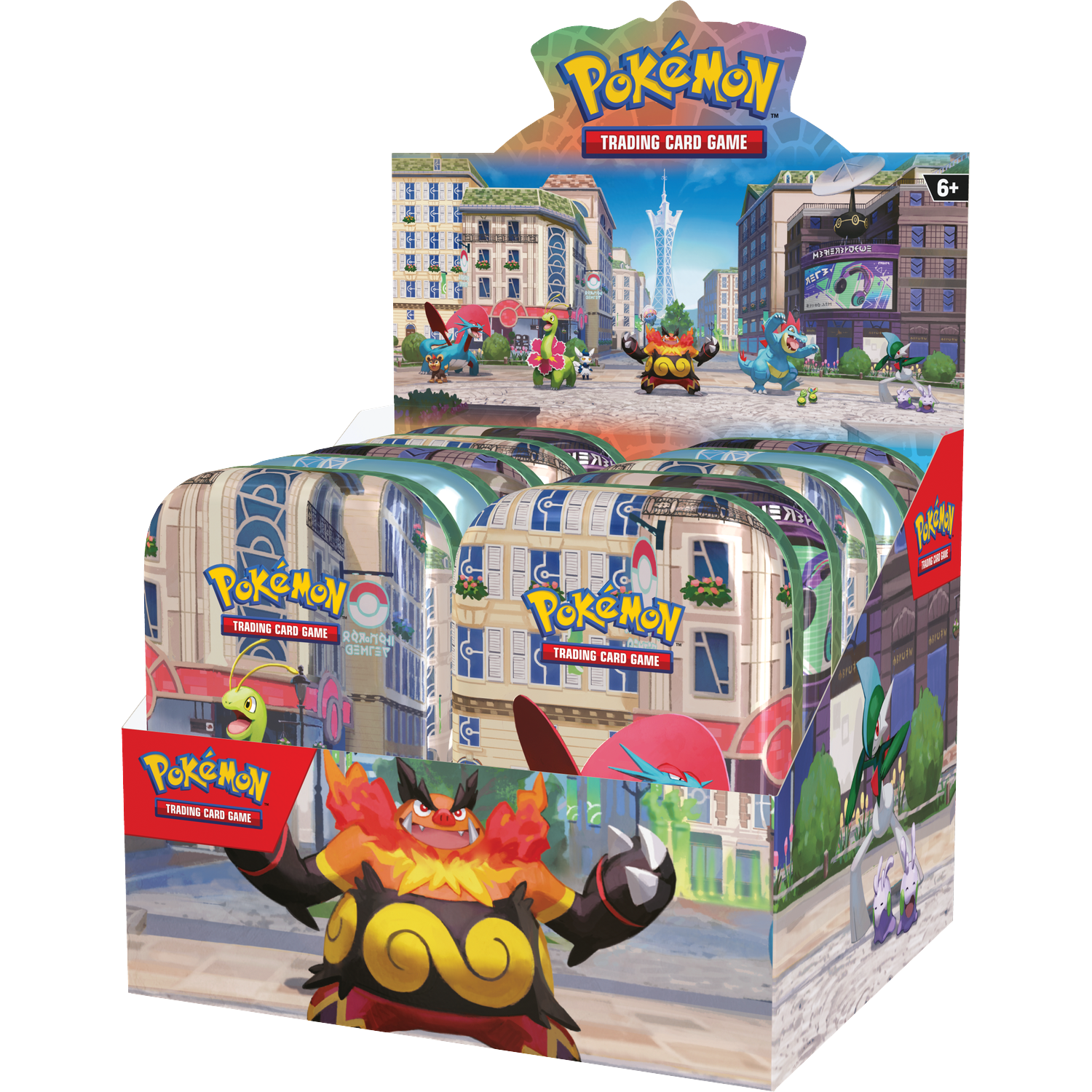 Pokémon TCG display box met Pokémon figuren en gebouwen op achtergrond.