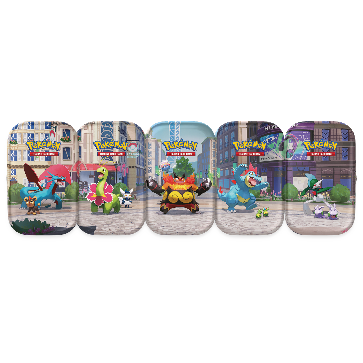 Vijf Pokémon ruilkaarten blikken met verschillende Pokémon in stedelijke omgevingen.
