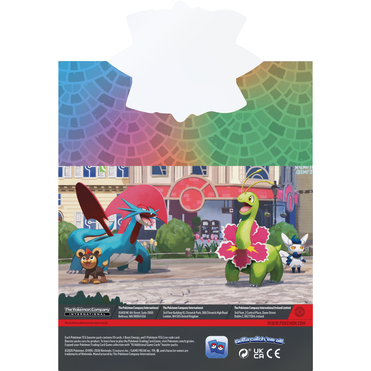 Drie Pokémon, waaronder een blauwe draak, staan voor gebouwen.
