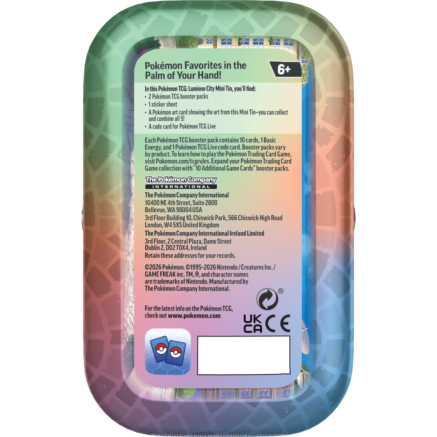 Pokémon TCG Lumiose City Mini Tin met 2 boosterpacks, 1 sticker, 1 kunstkaart en 1 codekaart.