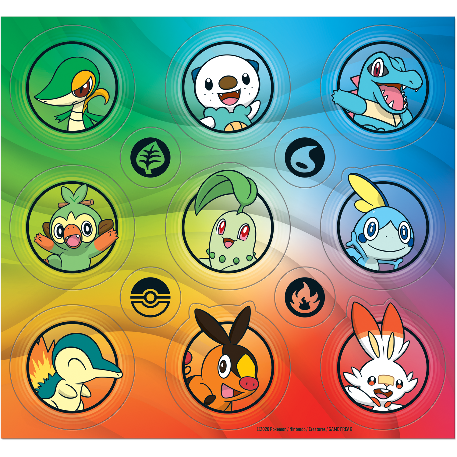 Nine Pokemon cards featuring various characters on a gradient background.