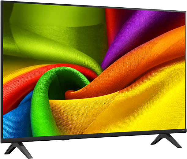 Egy modern tévé élénk absztrakt mintát mutat, színes, sodródó szövetcsíkokkal.