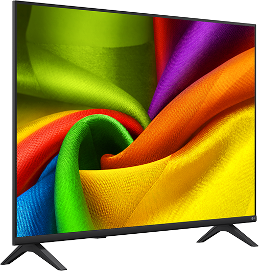 Egy modern televízió színes, örvénylő szövetmintát mutat a képernyőjén.