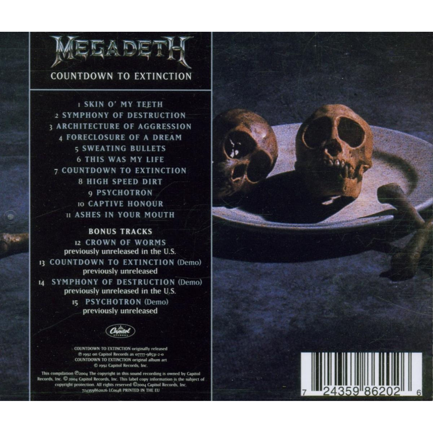 Albumhoes van Megadeth met tracklist en schedels.