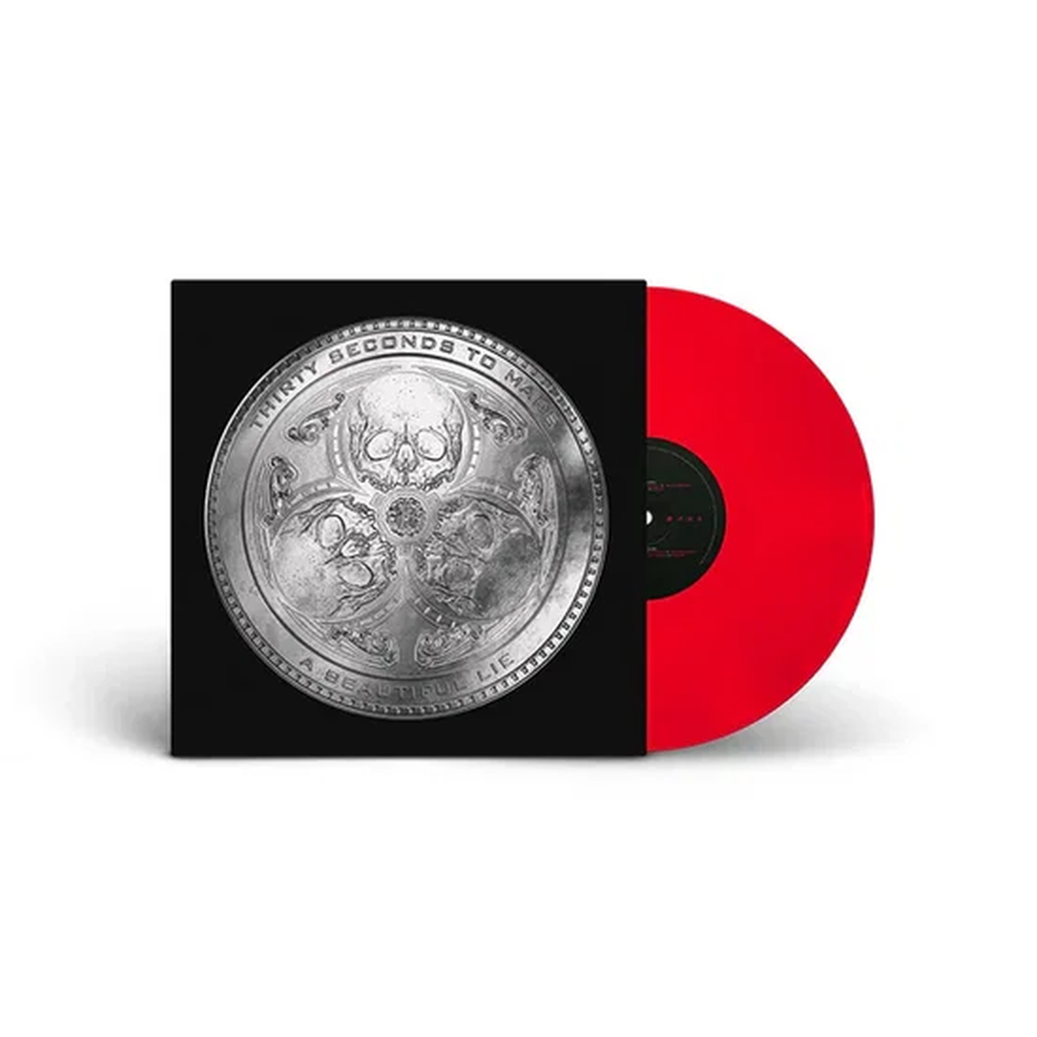 Een rode vinyl platendecoratie met schedels en de tekst "A Beautiful Lie".
