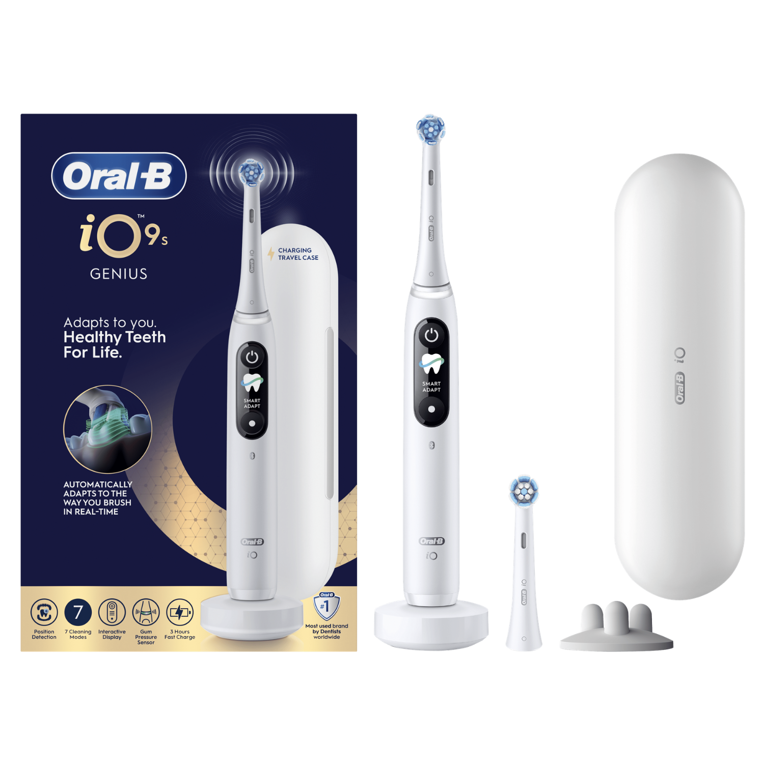 Cepillo de dientes eléctrico Oral-B iO Serie 9, estuche de carga, cabezal y base.
