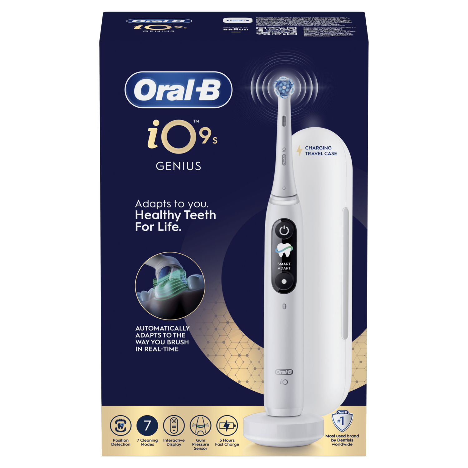 Embalaje del cepillo de dientes eléctrico Oral-B iO 9s con base de carga y estuche.
