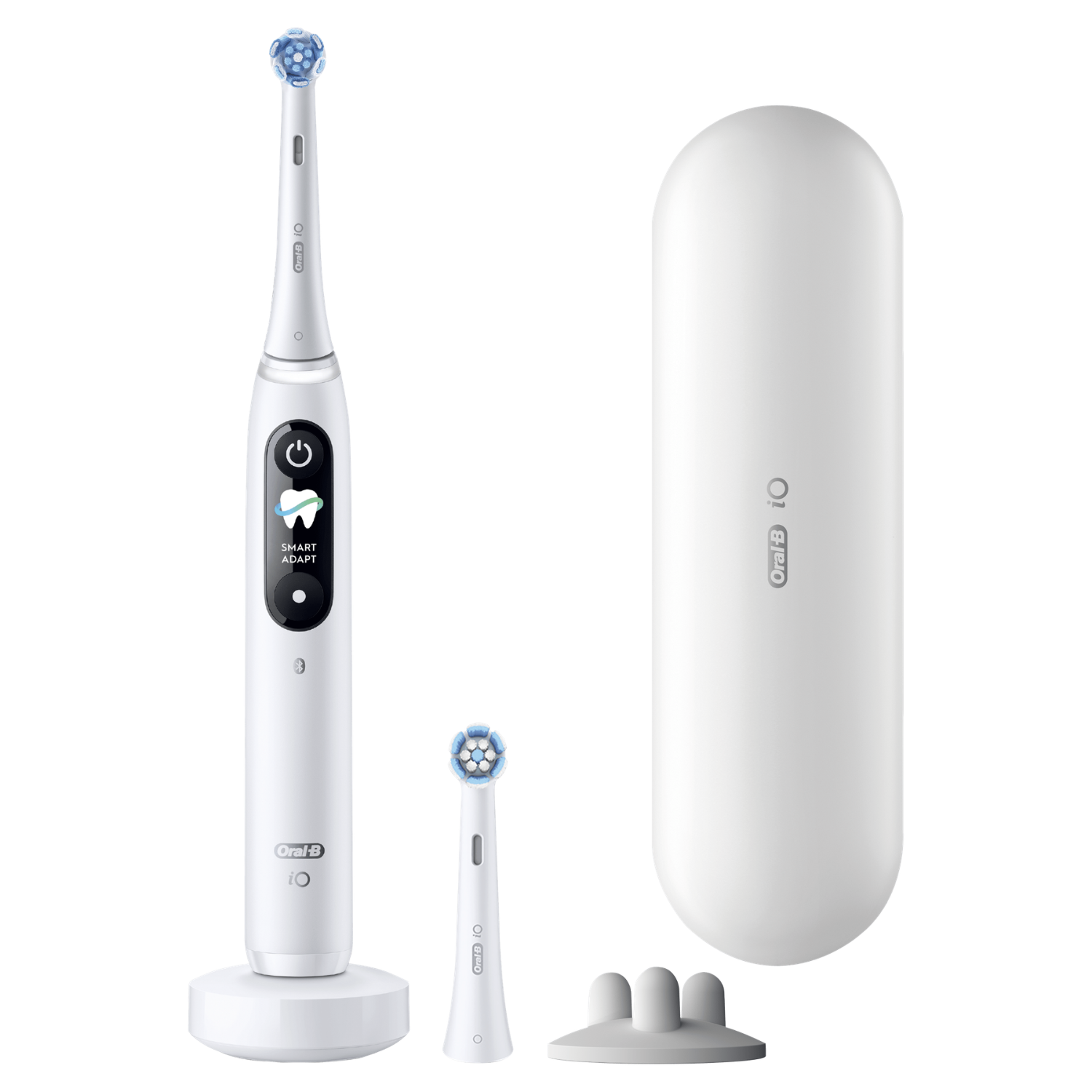 Un set de cepillo de dientes eléctrico Oral-B iO blanco con cargador y estuche.