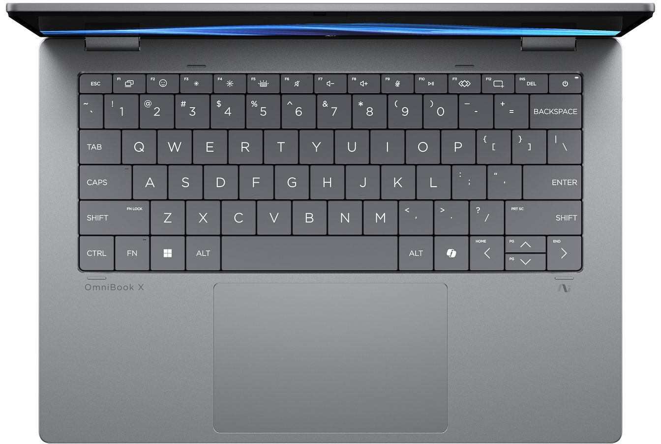 Top view of a grey laptop, showing the keyboard and trackpad.