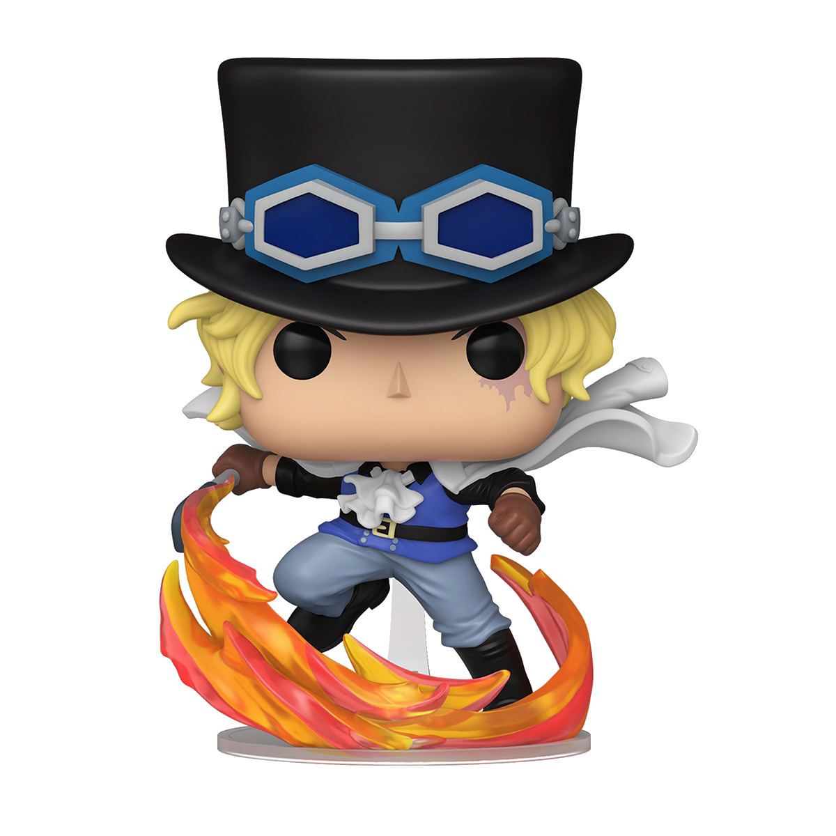 Figura Funko Pop! de Sabo con sombrero, gafas, capa y llamas.