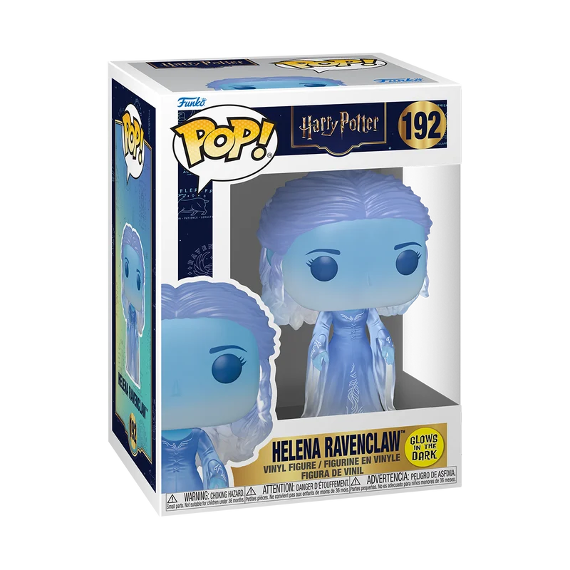 Un Funko Pop azul y translúcido de Helena Ravenclaw de Harry Potter.