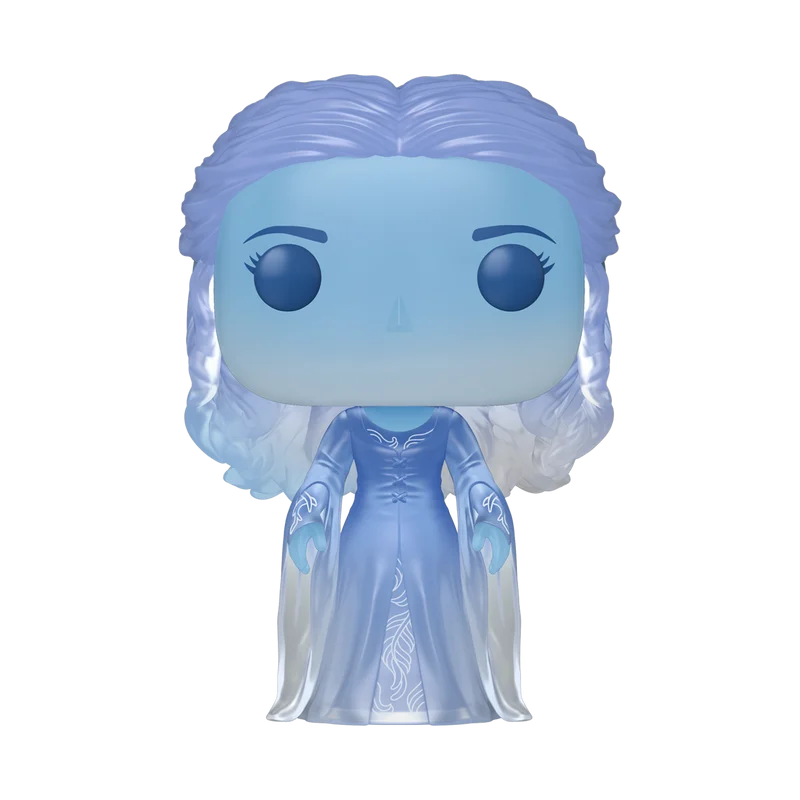 Una figura azul claro con pelo blanco y vestido azul con patrón de plumas.