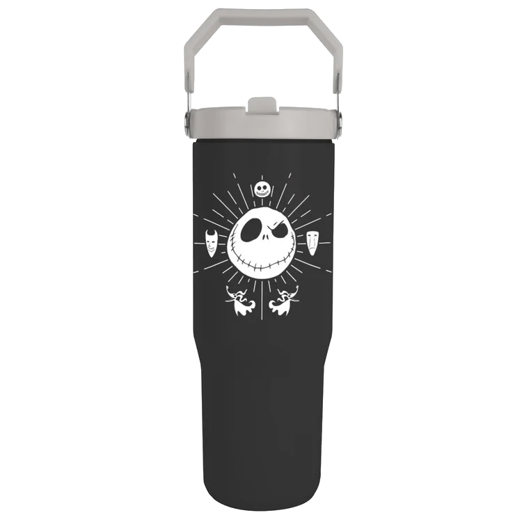 Vaso negro con diseño de Jack Skellington, fantasma blanco y máscaras.