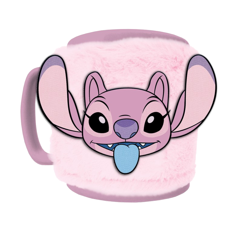 Una taza rosa y esponjosa con un personaje morado parecido a Stitch sacando la lengua.