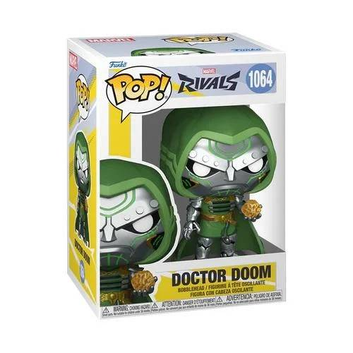 Figura Funko Pop! de Doctor Doom con capucha verde y armadura plateada, sosteniendo objeto dorado.