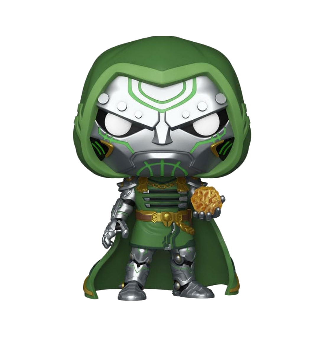 Figura de Dr. Doom con capucha verde, armadura plateada, sosteniendo objeto dorado.