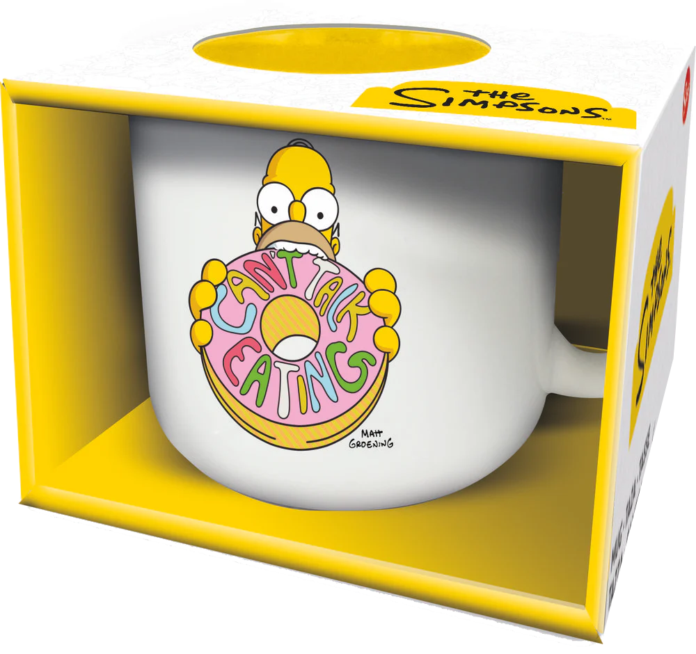 Taza de Los Simpsons con Homer Simpson sosteniendo una dona. Caja muestra el logo "The Simpsons".