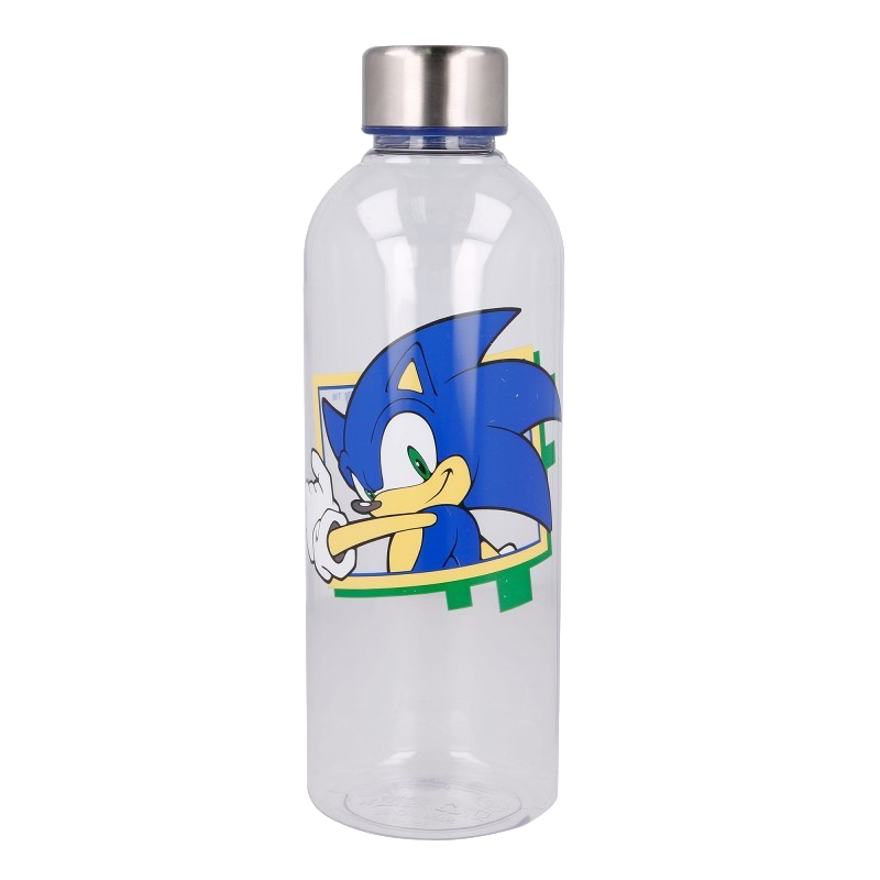 Botella de agua transparente con tapa plateada y arte de Sonic the Hedgehog.