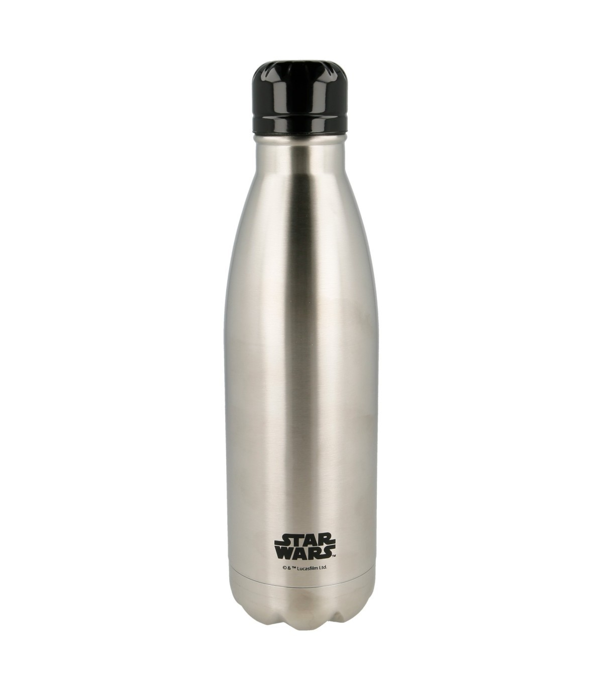 Una botella plateada de acero inoxidable con tapa negra y logo de Star Wars.