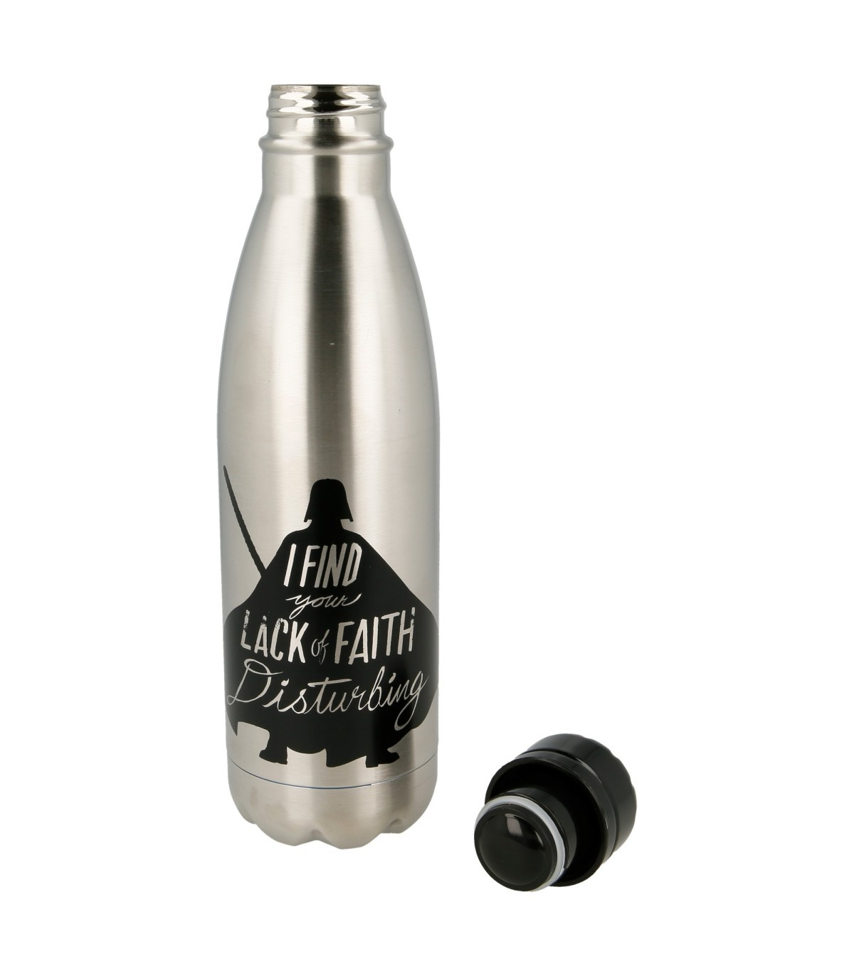 Botella de agua plateada con silueta de Darth Vader y texto.