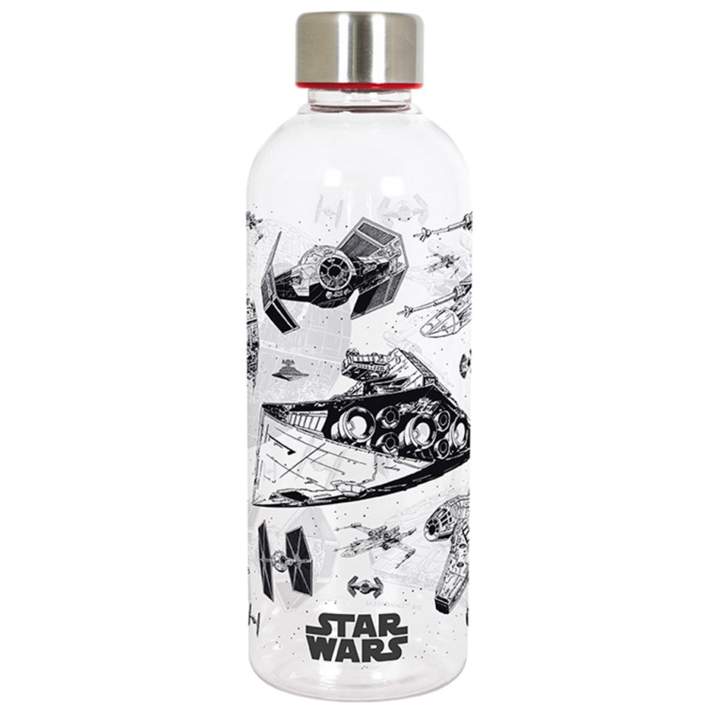 Una botella de agua transparente con gráficos temáticos de Star Wars en blanco y negro.