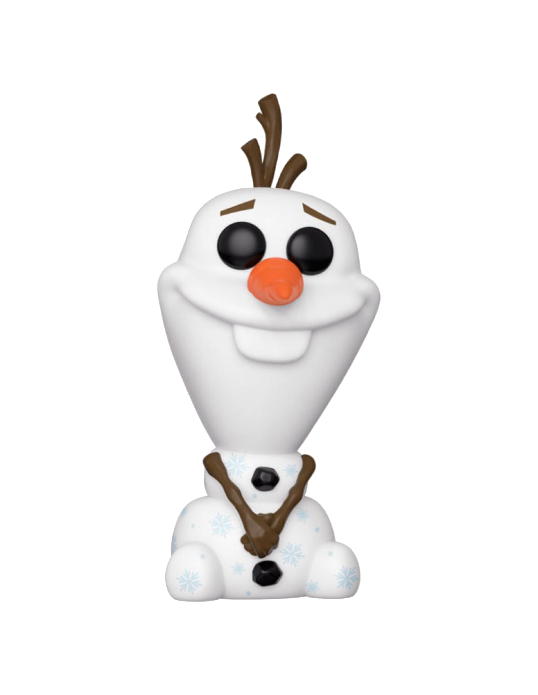 Olaf el muñeco de nieve con pelo de ramita marrón y nariz de zanahoria naranja.