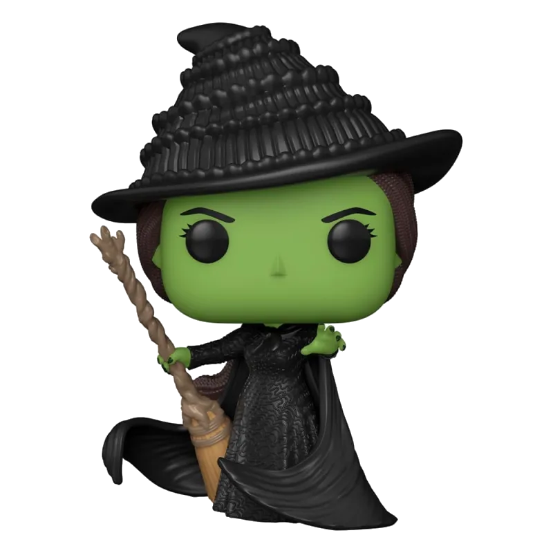 Una bruja verde con sombrero negro y escoba.